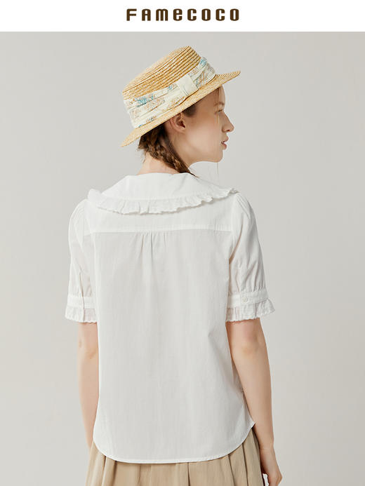 famecoco范可儿小v领白衬衫女夏款花边袖上衣小众设计感FAB3BH024 商品图3