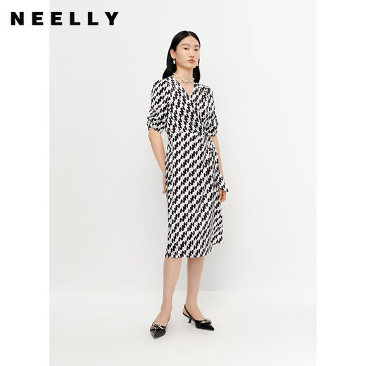 NEELLY纳俪气质连衣裙女中长款短袖系带收腰A字裙夏季新款百搭N23041Y01019 商品图2