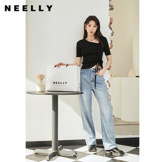 NEELLY纳俪针织衫女不对称领口抽绳显瘦修身短袖毛衣夏季轻薄套头N23044A05507 商品图1