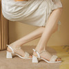 「两款配色！颜值派」粗跟凉鞋 女夏季新款仙女风中跟褶皱露趾一字带高跟凉鞋女 商品缩略图3