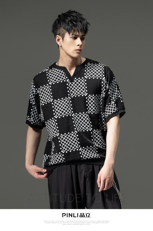 PINLI品立新款撞色体恤几何印花格子V领短袖T恤男装夏季潮牌上衣B222111067 商品图3