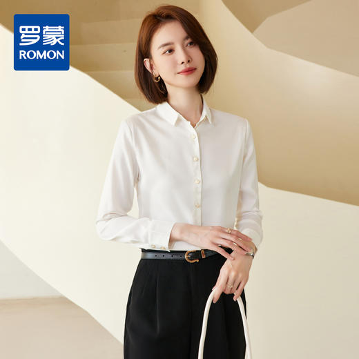 罗蒙春夏女士长袖衬衫经典小方领商务通勤职业OL休闲百搭衬衫女 商品图0