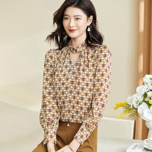 剩S 米思阳2025春季新款气质知性小V领衬衫时尚印花长袖女士衬衣0853 商品图0