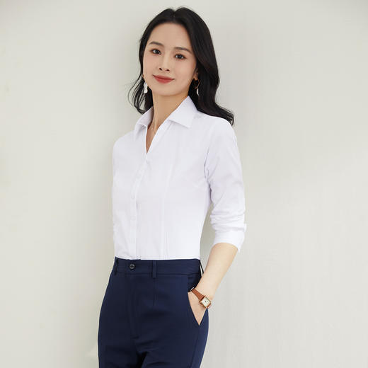 罗蒙春夏女装长袖衬衫女士V领衬衫商务通勤职业工装长袖棉质衬衫女 商品图2