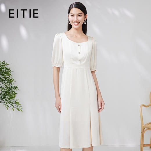 EITIE爱特爱夏款新品优雅方领显瘦高腰舒适泡泡袖连衣裙7007752 商品图0
