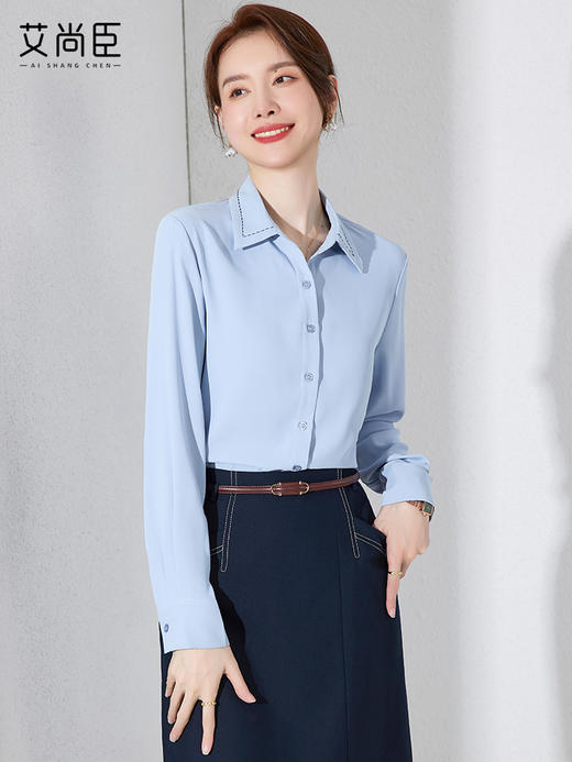 职业蓝色衬衫女设计感夏长袖气质工作服正装大码工装时尚百搭衬衣 商品图1