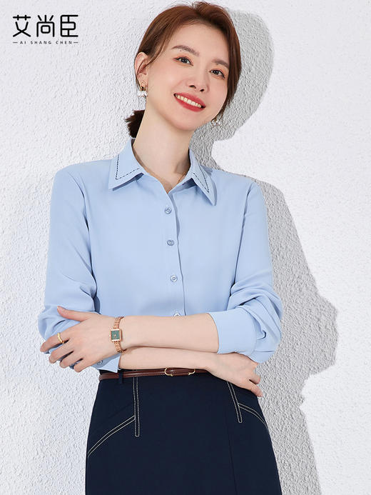 职业蓝色衬衫女设计感夏长袖气质工作服正装大码工装时尚百搭衬衣 商品图0