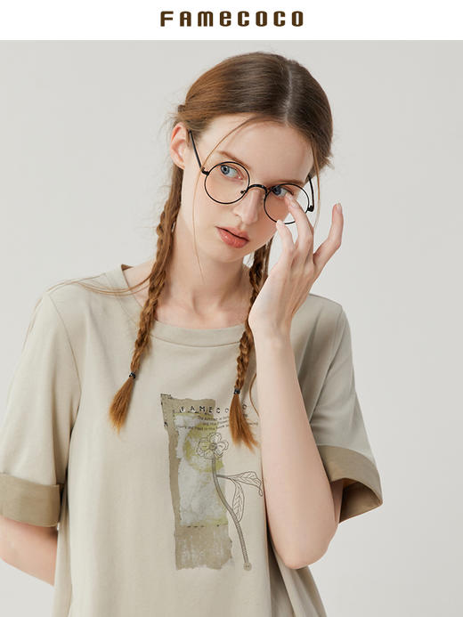 Famecoco范可儿宽松直筒T恤连衣裙夏季复古印花开叉长裙FAB3FA079 商品图0