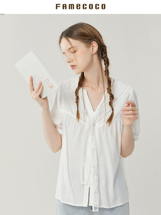 famecoco范可儿短袖衬衫女设计感小众绣花围巾领上衣洋气独特别致FAB3BH040 商品图1