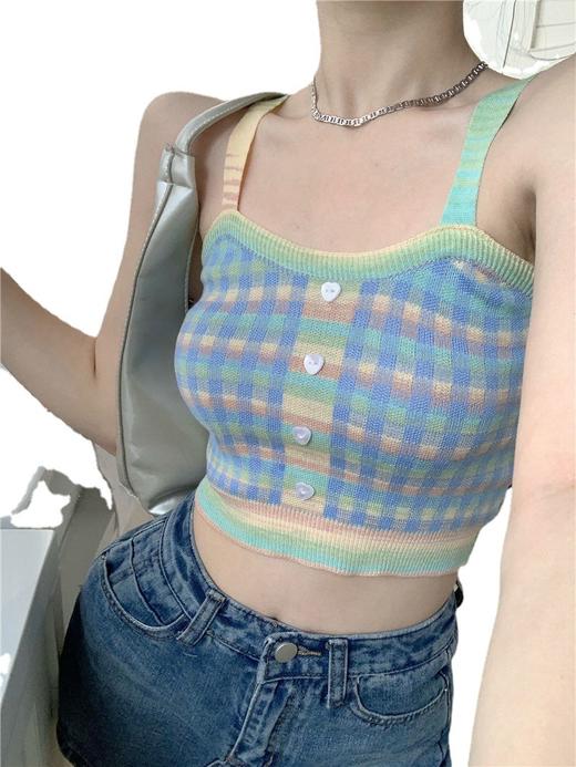 「六款配色！夏日小清新」彩色格纹短款针织小吊带衫 夏季新款小清新辣妹纯欲风chic无袖背心上衣 商品图4