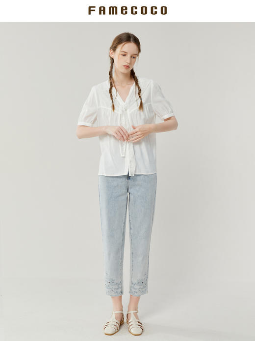 famecoco范可儿纯棉浅色牛仔裤女新款夏季裤脚镂空直筒裤FAB3GA012 商品图3