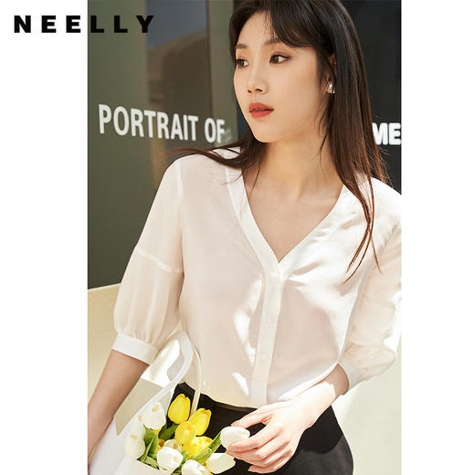 NEELLY纳俪夏季新款气质V领衬衫女简约通勤七分袖轻薄上衣百搭潮N23044R05506 商品图2