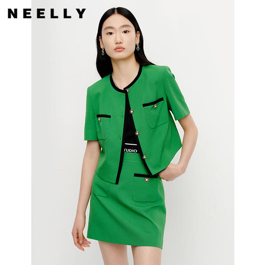 NEELLY纳俪夏季新款时尚套装圆领短款上衣女简约A字短裙半身裙N23041Z01016 商品图0