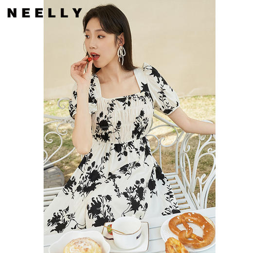 NEELLY纳俪商场同款复古印花方领连衣裙女中长款收腰显瘦A字裙潮N23044Y03304 商品图2