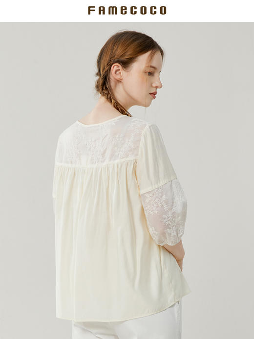 Famecoco范可儿套头衬衫女设计感小众拼接上衣夏半袖衬衣FAB3BD011 商品图2