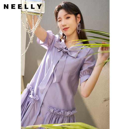 NEELLY纳俪夏季新款连衣裙女衬衫领系带娃娃裙减龄A字裙中长款N23044Y05504 商品图1