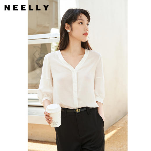 NEELLY纳俪夏季新款气质V领衬衫女简约通勤七分袖轻薄上衣百搭潮N23044R05506 商品图1