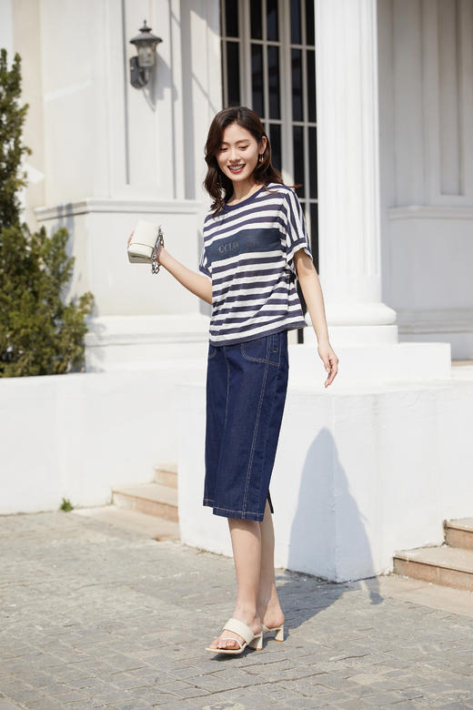 奇威【亚麻 100%】条纹休闲T恤0DB00144 商品图4