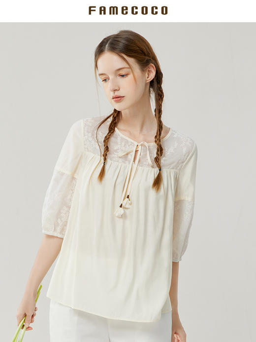 Famecoco范可儿套头衬衫女设计感小众拼接上衣夏半袖衬衣FAB3BD011 商品图1