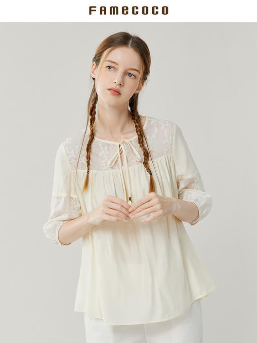 Famecoco范可儿套头衬衫女设计感小众拼接上衣夏半袖衬衣FAB3BD011 商品图3