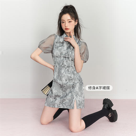 西遇短袖旗袍裙女春季新款小众复古印花新中式改良连衣裙10730263 商品图3