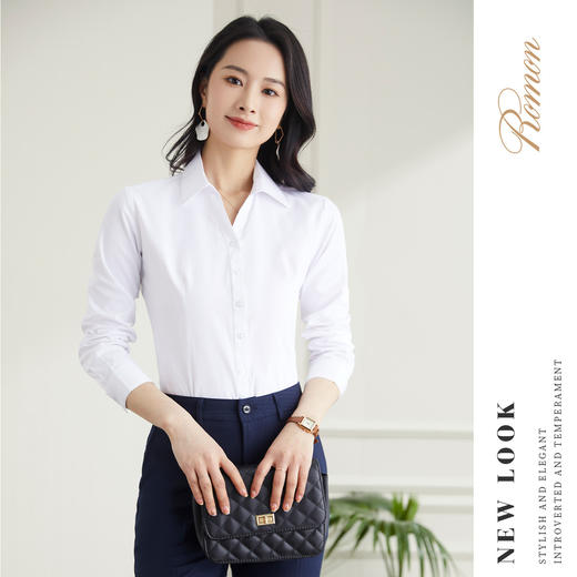 罗蒙春夏女装长袖衬衫女士V领衬衫商务通勤职业工装长袖棉质衬衫女 商品图1