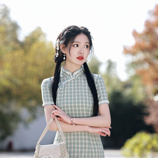 花边钉珠棉麻格子旗袍，文艺少女年轻款旗袍SJT-348 商品图5