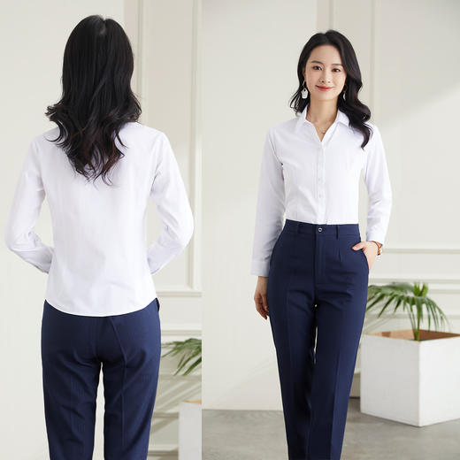 罗蒙春夏女装长袖衬衫女士V领衬衫商务通勤职业工装长袖棉质衬衫女 商品图7