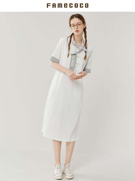 Famecoco范可儿宽松直筒T恤连衣裙夏季复古印花开叉长裙FAB3FA079 商品图3