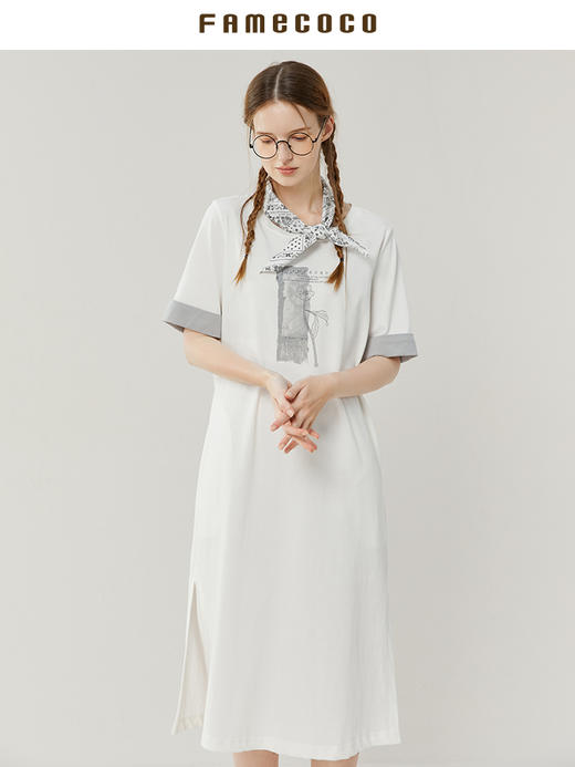 Famecoco范可儿宽松直筒T恤连衣裙夏季复古印花开叉长裙FAB3FA079 商品图2