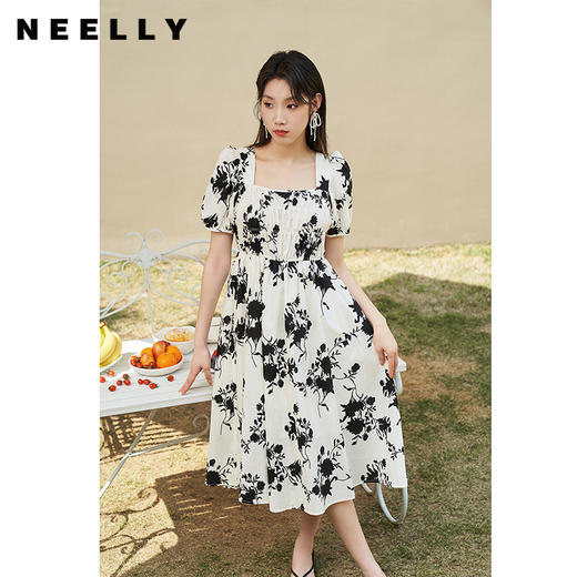 NEELLY纳俪商场同款复古印花方领连衣裙女中长款收腰显瘦A字裙潮N23044Y03304 商品图1