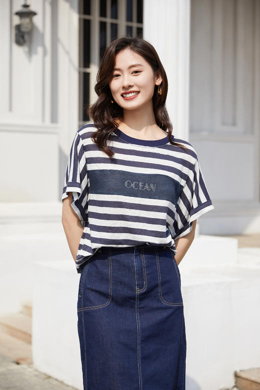 奇威【亚麻 100%】条纹休闲T恤0DB00144 商品图2