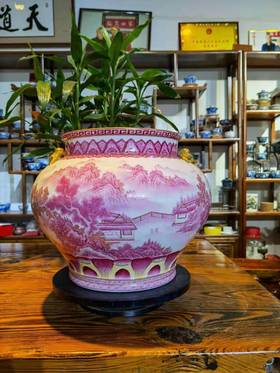 玛瑙红山水描金燕子缸