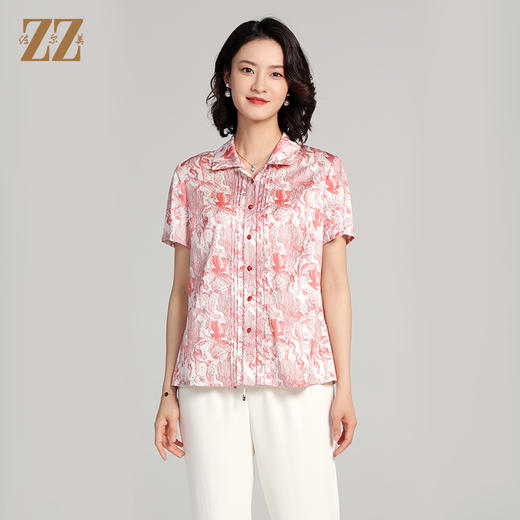 夏季新款 气质桑蚕丝真丝短袖花纹衬衣女E22CS20 商品图3