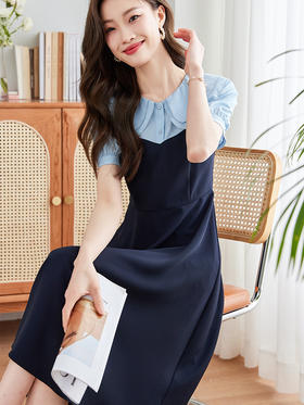 【专属特价】熙世界假两件拼接连衣裙女高级感泡泡袖娃娃领休闲裙子2025夏新款