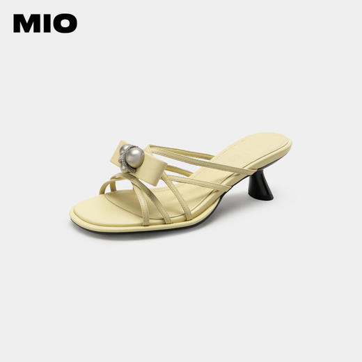 MIO米奥夏季纯色中跟编织拖鞋闪钻小钉珠设计感时髦舒适一字拖女M233111319 商品图2