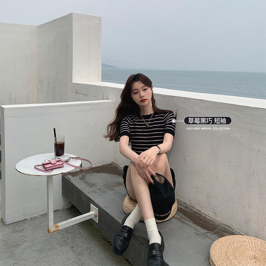 南瓜短裤 金蘑菇菇【日出告白】法式条纹短袖针织上衣+南瓜短裤甜美休闲 商品图3