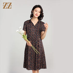 夏季新款 小碎花气质V领收腰带桑蚕丝连衣裙女E12LS91