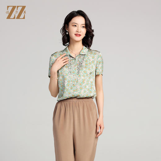 夏季新款 桑蚕丝真丝短袖小碎花衬衣女E22CS27 商品图1