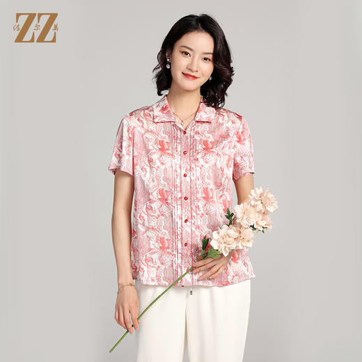 夏季新款 气质桑蚕丝真丝短袖花纹衬衣女E22CS20 商品图0