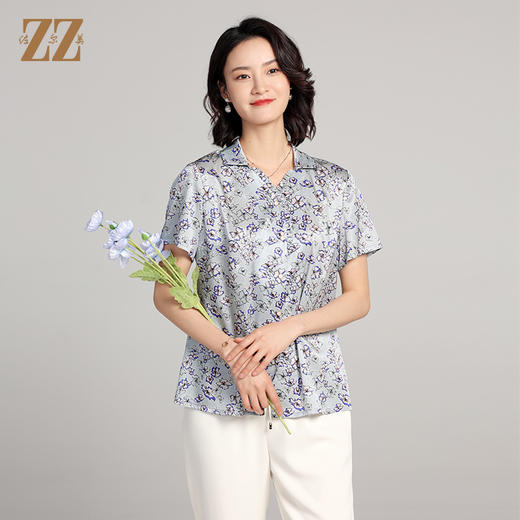 夏季新款 气质桑蚕丝真丝小碎花短袖衬衣女E22CS42 商品图1
