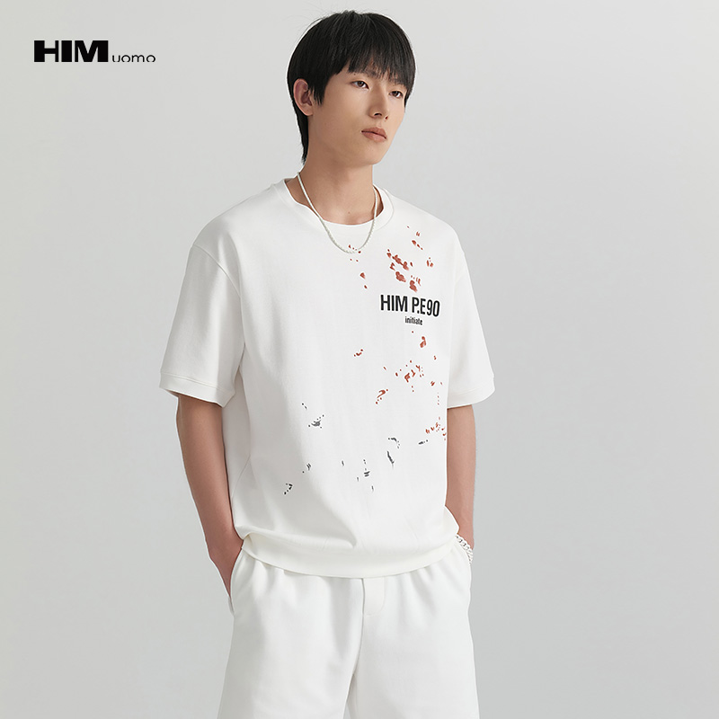 HIM漢崇  时尚泼墨印花卫衣男潮流做旧休闲透气短袖上衣 2026夏季