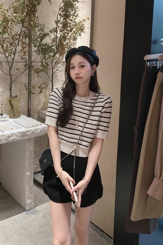 南瓜短裤 金蘑菇菇【日出告白】法式条纹短袖针织上衣+南瓜短裤甜美休闲 商品图5