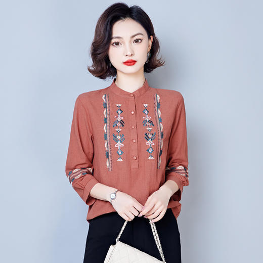 春秋妈妈装气质洋气小衫百搭大码棉麻绣花衬衫上衣KQL-C18T110 商品图1