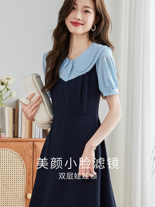 【专属特价】熙世界假两件拼接连衣裙女高级感泡泡袖娃娃领休闲裙子2025夏新款 商品图2