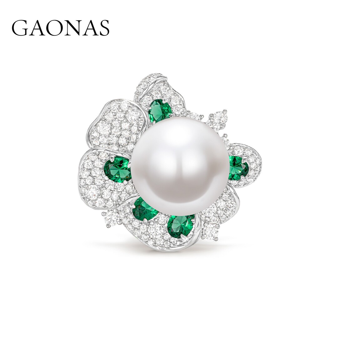 GAONAS 925银锆石戒指 高纳仕  气质优雅绿与珠戒指XJ122200