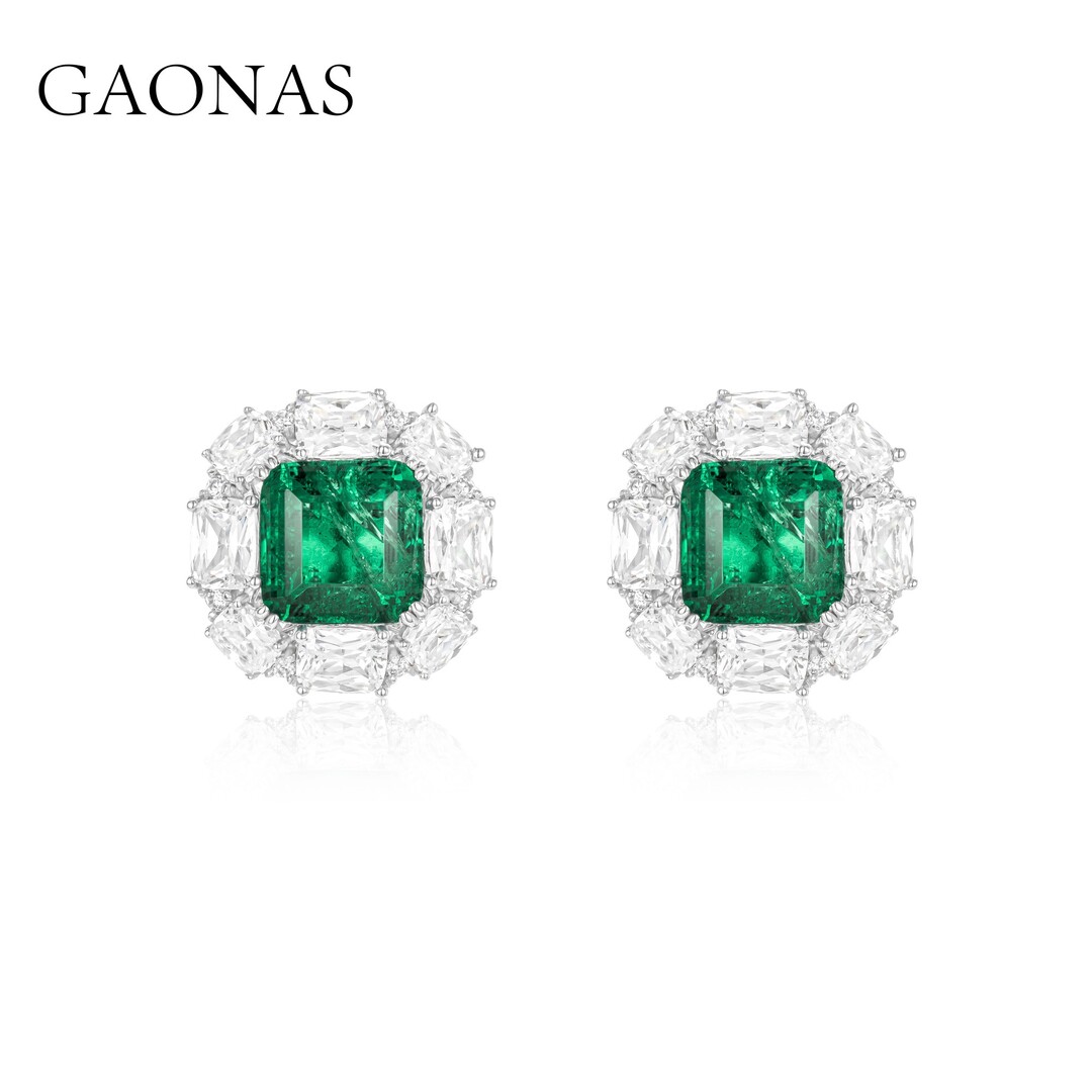 GAONAS 925银锆石耳饰 高纳仕 简约绿色方耳钉 GE031330