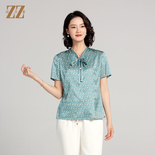 佐尔美夏季新款 桑蚕丝真丝几何图形短袖衬衣女E22CS11 商品图3