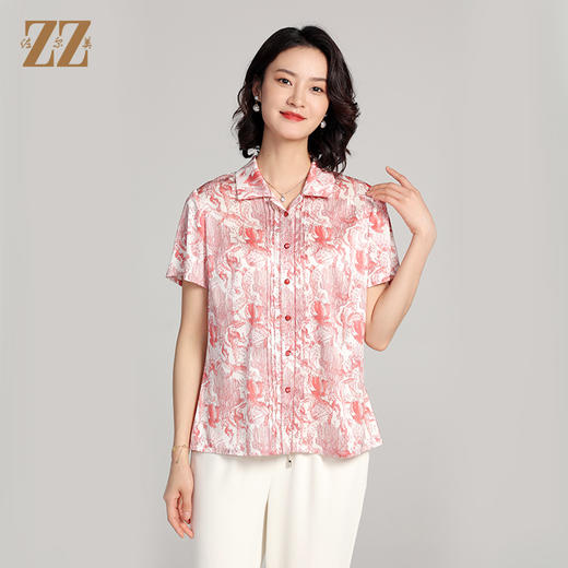 夏季新款 气质桑蚕丝真丝短袖花纹衬衣女E22CS20 商品图2