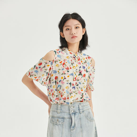 谜底碎花露肩袖衬衫女2023夏季新款气质立领花色衬衣短袖236MC7099 商品图1